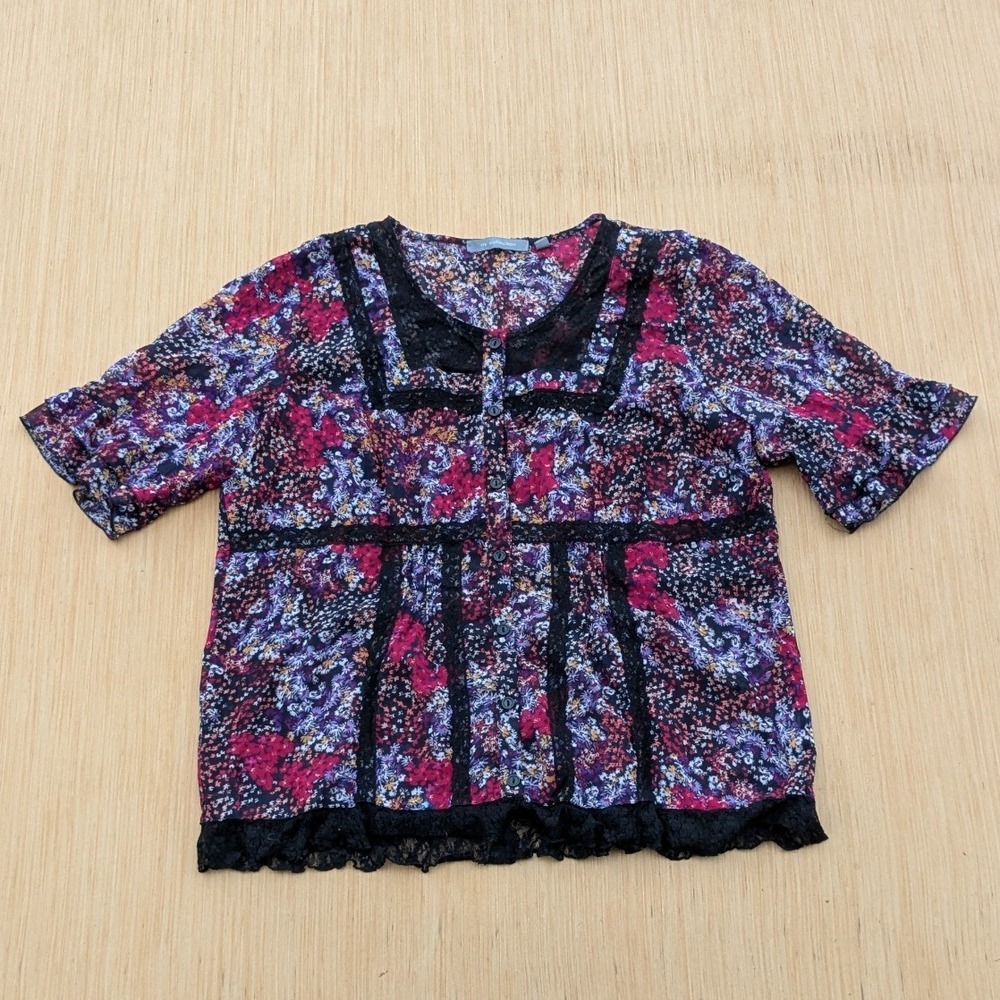 NY Collection Blouse Dark Floral Lace Trim Whimsygoth Romantic Womens Large